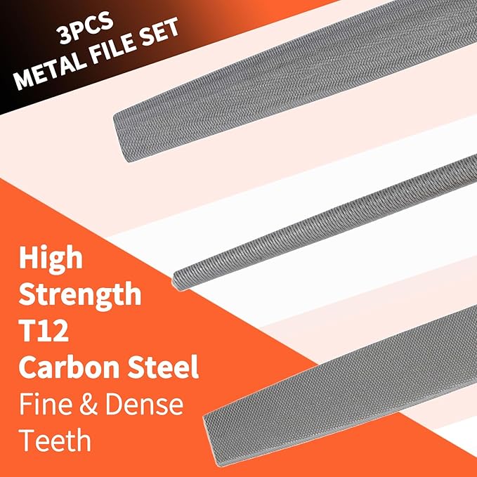 KUZURYU 3-Piece File Set for Metal | Includes Flat/Half-Round/Round | T12 High Carbon Steel Files | 8" Rasp Kit for Home Repair, Workshop & Industrial Use