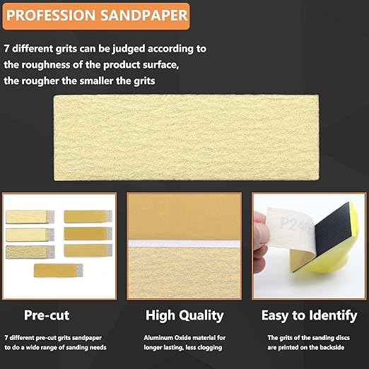 70 Sheets Micro Detail Sander Paper Kit, 3.5?쓝 1?쒱and Sanding Block for Small Projects Wet Dry Hook & Loop Alumina 80 to 600 Grit Sandpaper for Crafts Wood,Tight Narrow Spaces Metal Finishing
