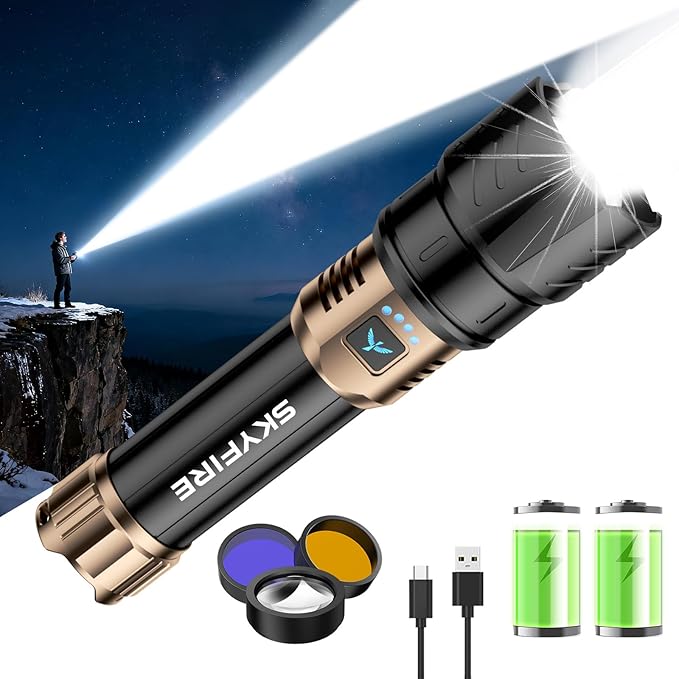 SKYFIRE Rechargeable Flashlights High Lumens with Ignition Lens&White Yellow Blue Light,10000mAh LED Super Bright Flashlight,Zoomable,4 Modes,Waterproof Tactical Flash Light for Outdoor,Home &Gift