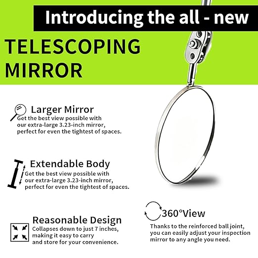 Telescoping Magnetic Pickup Tool Set, 2Pcs Round and Square Inspection Mirror Telescoping with LED Lights, 2Pcs Magnet Stick Best Gadgets Gifts for Men (Black, 6 Pack)
