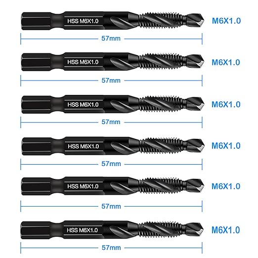 DKIBBITH 6 Packs M6 Combination Drill & Taps Bit Set, Screw Threading Tapping Tools in Size M6*1.0 with Anti-Rust Black Coating, 1/4" Hex Shank and Storage Case
