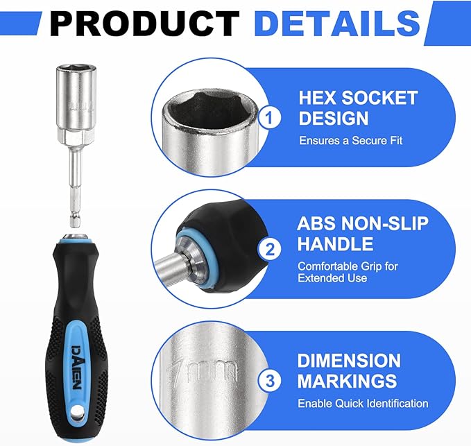 HARFINGTON Metric Nut Driver 17mm/18mm/19mm CR-V Non-Magnetic Detachable Tip Hollow Shafts Hex Socket Screwdriver with Anti-Slip Handle for Automobile Repair Bit Driver, Blue/Black