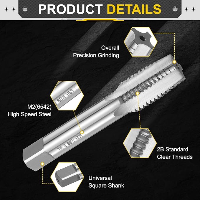 uxcell Hand Taper Tap 7/8"-9 BSW Thread Taper Style Taps Straight Flute Screw Tapping Threading Tool High Speed Steel HSS6542