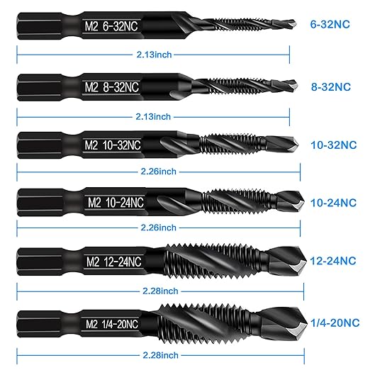 Upgraded 6-Pack Combination Drill & Taps Bit Set SAE - 6542 M2 HSS Steel with Anti-Rust Black Coating, 6-32NC 8-32NC 10-32NC 10-24NC 12-24NC 1/4-20NC Drill Tap Countersink Bits, 1/4??Hex Shank