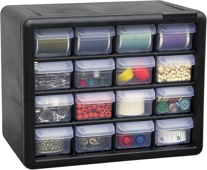 Akro-Mils 16-Drawer Plastic Cabinet for Garage Organization, Beads, Makeup Organizer, Building Bricks Storage, Teacher Toolbox, 10-1/2" W x 6-1/2" D x 8-1/2" H, 10716 Black (Pack of 4)