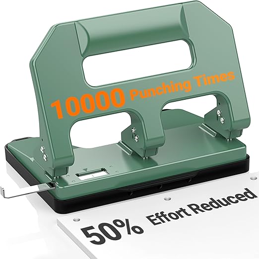 AFMAT Heavy Duty 3 Hole Punch, 3 Hole Puncher for Binder, 40-Sheet Three Hole Punch w/ 10000+ Uses, Metal Hole Puncher 3 Ring, 50% Reduced Effort, 9/32inch Hole, Bulit-in S.S. Paper Guide HPX1(Green)