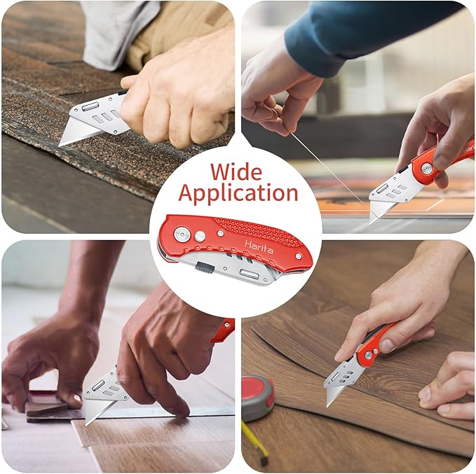 Folding Box Cutter Heavy Duty Utility Knife, Razor Knife, Lightweight Aluminum Handle, Back-lock Mechanism, Stainless Belt Clip, with 5-piece Extra SK5 Blades, for Carpet, Carton, Box, Cardboard Red