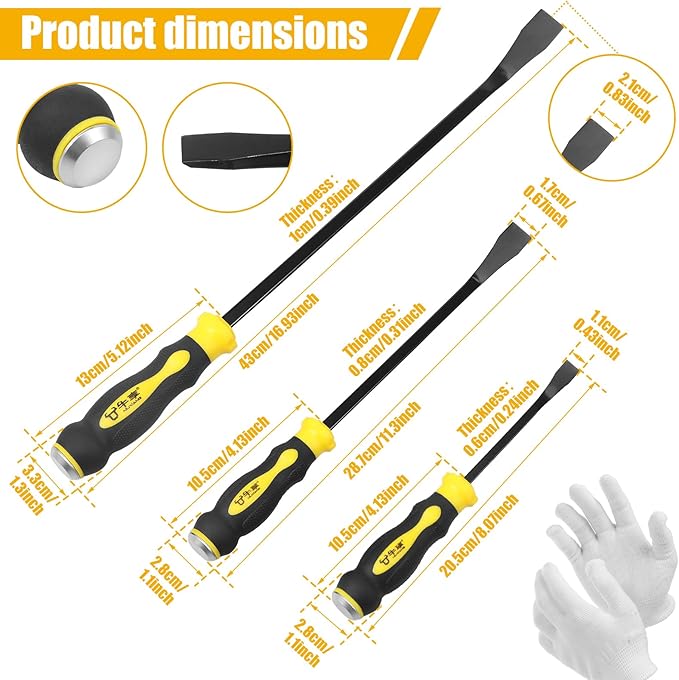 3 Piece Pry Bar Set, 8" 12" 18" Heavy Duty Pry Bar Set with Metal Strike Cap, Mechanic Hand Tools, Angled Tip Crowbar Removal Tool with Non Slip Rubber Handle for Demolition Work