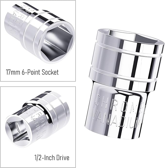 17mm Shallow Socket, 1/2 Inch Drive, 6-Point, Metric, Heat Treated CR-V Steel Short Sockets, Full Polishing, 1.5 Inch Length