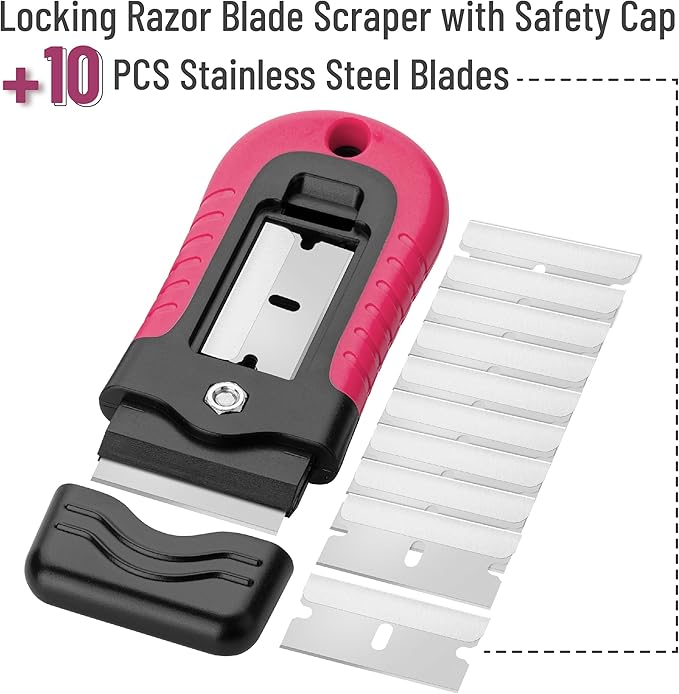 Bates- Razor Blade Scraper, Pink, Locking Razor Scraper Set with 10 Extra Stainless Steel Blades, Window Scraper, Scraper Tool, Glass Scraper, Scraper Blades, Paint Scraper Blade Scraper for Cleaning