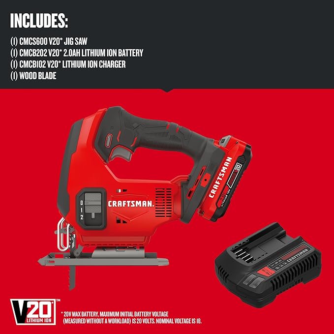 CRAFTSMAN V20 Cordless Jig Saw Kit, 3 Orbital Settings, Up to 2,500 SPM, Battery and Charger Included (CMCS600D1)