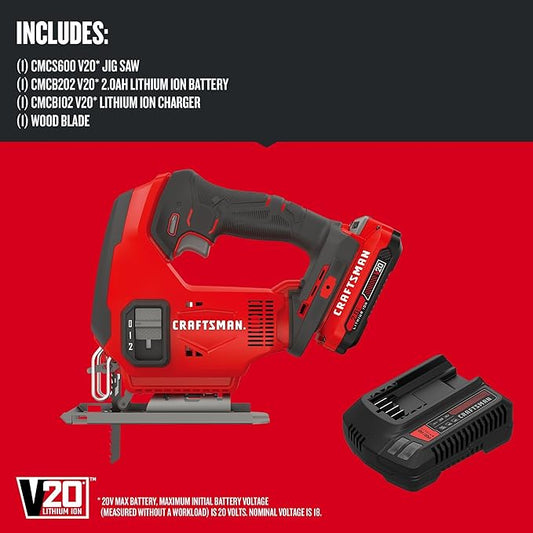 CRAFTSMAN V20 Cordless Jig Saw Kit, 3 Orbital Settings, Up to 2,500 SPM, Battery and Charger Included (CMCS600D1)