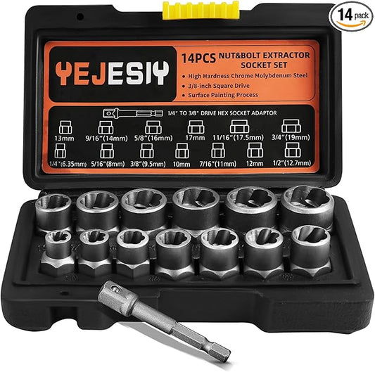 14PCS Premium Bolt Extractor Kit, Stripped Bolt Extractor Socket Set with 3/8 Inch Adapter, Easy Out Lug Nut Remover for Rusted, Rounded, Damaged Nuts Screws
