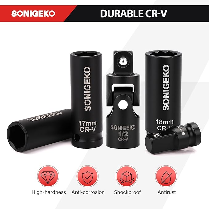 Socket Set 1/2" Drive Impact Socket Set,20-Piece 6 Point Deep, Metric CR-V Steel Sockets with Extension Bars, Universal Joint and Adapter(1/2" 20 PCS Metric)