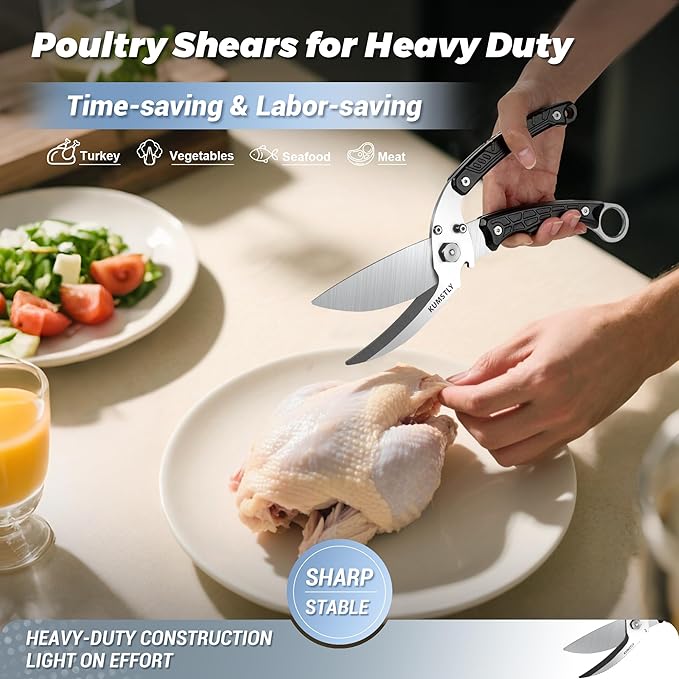Heavy Duty Poultry Shears Professional Kitchen Scissors for Cutting Chicken, Turkey, Meat, Bones, Vegetables Stainless Steel Spatchcock Shears Multipurpose Food Scissors (Black)