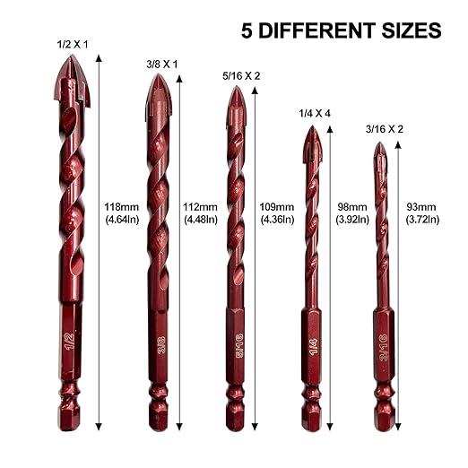 FEWELL Masonry Drill Bits 10 Pcs, Concrete Drill Bit Set Size 3/16" to 1/2", Professional High Cobalt Drill Bit Set for Tile Glass Metal Brick Concrete Ceramic Plastic Wood