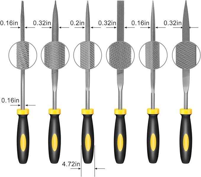 Mini Hand Files, 6pcs, Total 6.3in, Strength Alloy Steel Needle File Set, Small Metal File Tools for Detailed Tasks, Includes Round, Bi-Half Round, Flat, Square, Flat Warding, Triangular