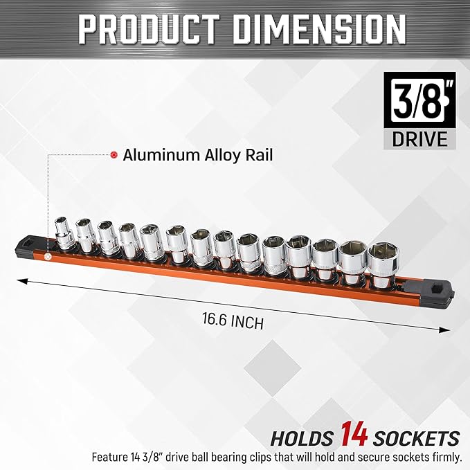 ALOANES 3/8-Inch Drive Magnetic Socket Organizer, Heavy Duty Aluminum Socket Rail Organizer, 360째 Swivel Clips Socket Rail Set For Sockets Storage, 3/8-Inch Socket Holder x 14 Clips (Orange)