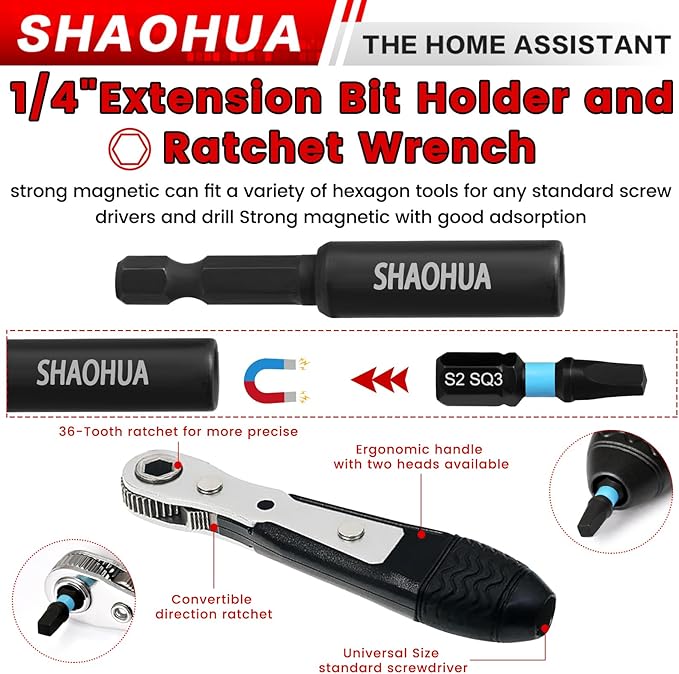 Square Drill Bit with Ratchet Screwdriver, 2.36"&0.98" Magnetic Head Robertson Screwdriver #1,2,3,4 and #5, 1/4" Hex Shank with Extension Bit Holder, for Vehicles, Bicycles, Furniture