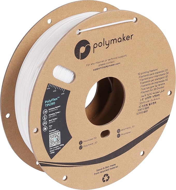 Polymaker TPU Filament 1.75mm White, 0.75kg Shore 90A Flexible 3D Printer Filament 1.75mm - PolyFlex TPU90 3D Printing TPU Filament 0.75kg White Soft Flexible Filament