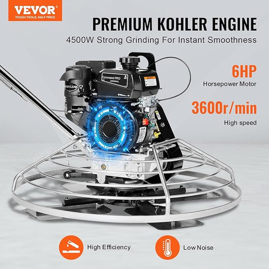 VEVOR Power Trowel, 38??Walk-Behind Cement Trowel with Float Pan, 6HP Gas-Powered Smooth Concrete Surface Finisher, Heavy Duty Commercial Screed Concrete Cement with Finishing Blade, Orange