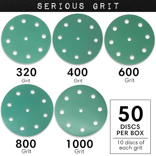 Serious Grit - 5-Inch 9-Hole High Grit Sanding Discs Assortment - 320, 400, 600, 800, 1000 Grit (10 of Each) - Wet Dry Hook & Loop Film Discs - Sandpaper for Random Orbital Sanders - 50 Pack Box