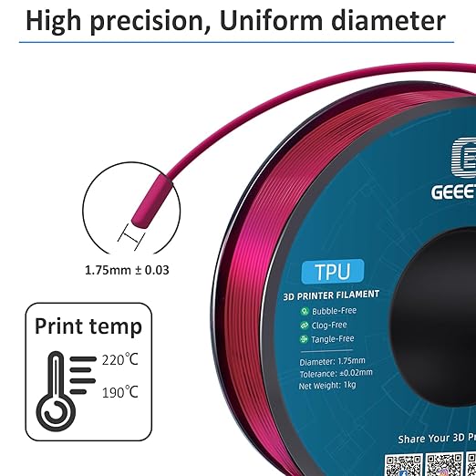 Geeetech TPU Filament 1.75mm, Shore 95A ??Flexible 3D Printer Filament with High Elasticity, 1KG (2.2lbs) Spool, Dimensional Accuracy 짹0.03mm, Fits Most FDM Printers (Clear Pink)