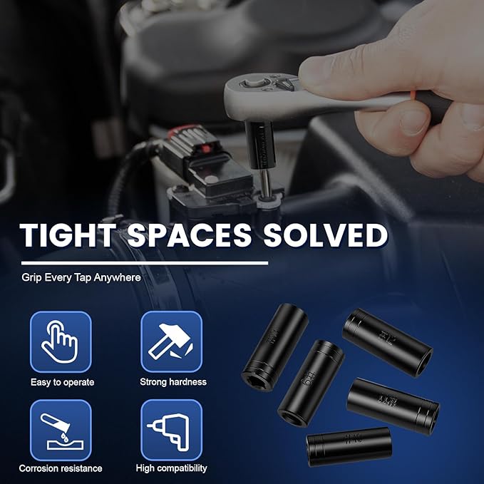 71670 Large Tap Socket Set, Socket Wrench Set with Vinyl Tap Holder, 5/8" to 1" & Metric, 1/2" Square Drive Taps Sockets Adapter for Tap and Die, Extensions, Tight Spaces
