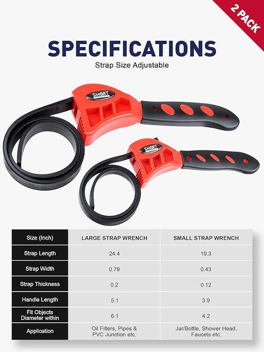 SMART JERRY - Rubber Strap Wrench Plumbing | 2-Pack Anti-Scratch Belt Wrenches for Shower Heads, Oil Filter, Pipes & Drain | Adjustable Shower Head Wrenches | Oil Filter Strap Wrench