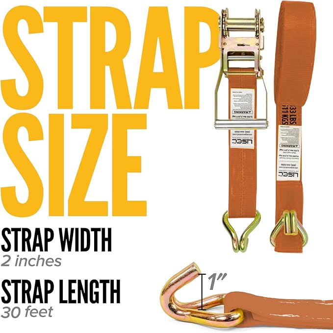 US Cargo Control Wire Hook Ratchet Straps 2 Inch x 30 Foot (2-Pack), 10,000 LBS Break Strength, Ratchet Straps Heavy Duty with Double J Hooks, Orange Cargo Tie Downs for Flatbed Trailers and Trucks