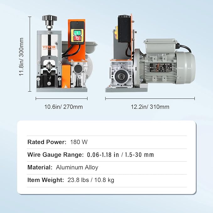 VEVOR Electric Wire Stripping Machine, 0.06''-1.18'' Automatic Wire Stripper, 180 W, 60 ft/min with Visible Stripping Depth Reference