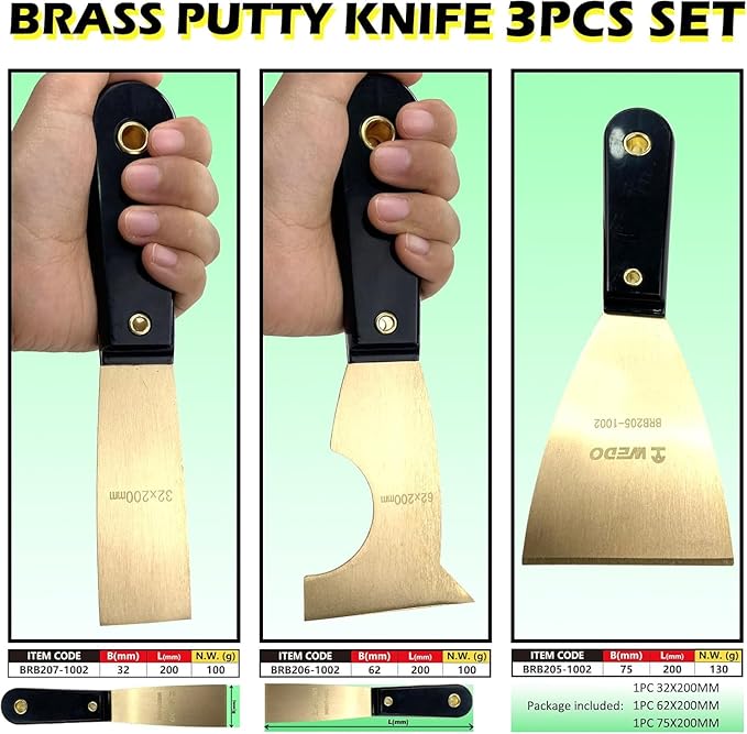 WEDO Brass Putty Knife Set, Wide Blade 3"+ Multifunctional Blade 2-1/2"+ Narrow Blade 1-1/4",Paint Scraper with Bakelite Handle, Painters Knife, Drywall Knife, 8" Length