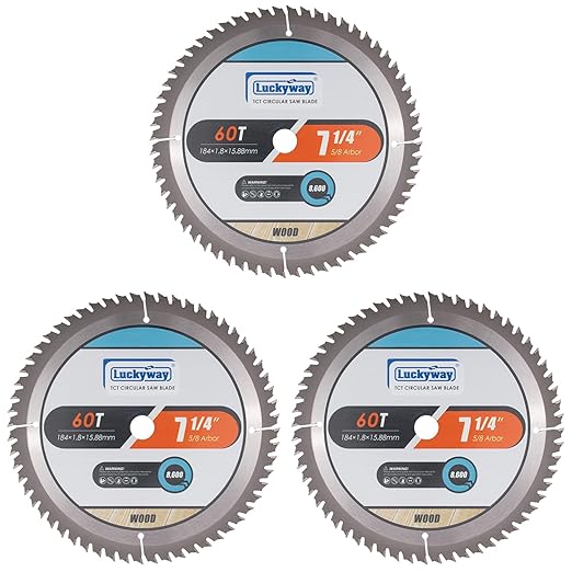 Luckyway 7-1/4 Inch Circular Saw Blade 60T Fine Finish with 5/8 Inch Arbor TCT (Tungsten Carbide Tipped) Saw Blade for Cutting Wood 3-Pack