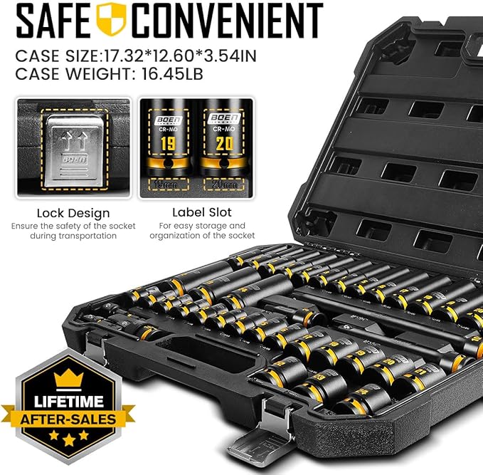 BOEN 40-Pieces 1/2" Drive Impact Socket Set, Metric (8-24mm) Deep & Shallow Socket, 6-Point Design, Yellow Embossed Marking, CR-MO Steel