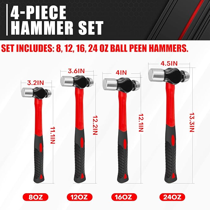 C&T 4-Piece Ball Peen Hammer Set,8 12 16 24oz, Fiberglass Handle hammer for Ball Peen,Blow Striking Ball Pein Hammer Handle Tool with Forged Steel Construction & Shock Reduction Grip for Metal Working