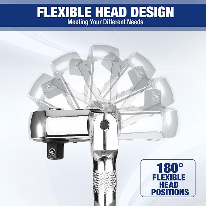 WORKPRO Flex Head Stubby Ratchet & Bit Driver Set 16 PCS, 1/4", 3/8" Drive Ratchet Handle Wrench, 72-T Quick-Release Reversible Socket Wrench, 2 Socket Adapters, 2 Extension Bars, 10 PCS 1/4" Hex Bits