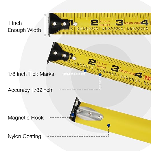 WORKPRO 25FT Auto-Lock Tape Measure, 1/8 Fractions Easy Read Measuring Tape, Double Retract Measurement Tape Accuracy 1/32 for Engineer,with Magnetic Hook, Rubber Protective Casing