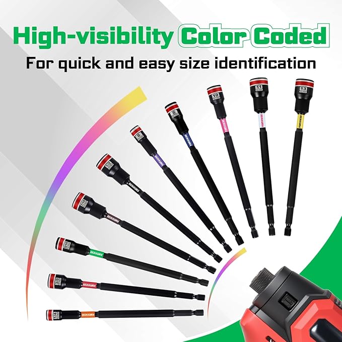 Impact Nut Driver Set, 10 Pieces 6?쒵ong 5/16?? Point Alloy Steel Magnetic SAE Nut Setter Set Use For Require Installing 1/4 Hex Shank Impact Driver with Case Box