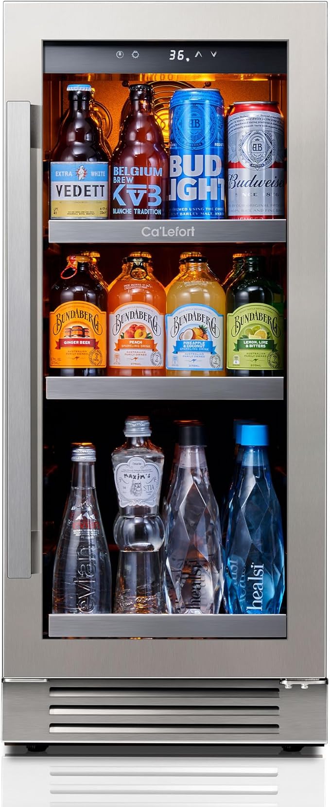 Ca'Lefort 15 Inch Beverage Refrigerator - 100 Can Small Beverage Fridge, Drink Fridge Glass Door 3 LED 34째F -54째F Beverage Cooler Built-in or Freestanding, Perfect for Home/Kitchen(3.0 cu.ft)