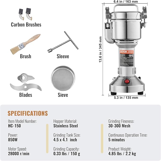VEVOR 150g Electric Grain Mill Grinder, High Speed 850W Commercial Spice Grinders, Stainless Steel Pulverizer Powder Machine, for Dry Grains Spices Cereals Coffee Corn Pepper, Straight Type