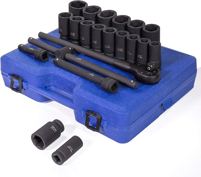 Stark USA 22-Pieces 3/4 Inch Drive Deep Impact Socket Set Cr-Mo Steel SAE Socket Extension Bar Sliding T-Bar (7/8" to 2" inch) with Carrying Case