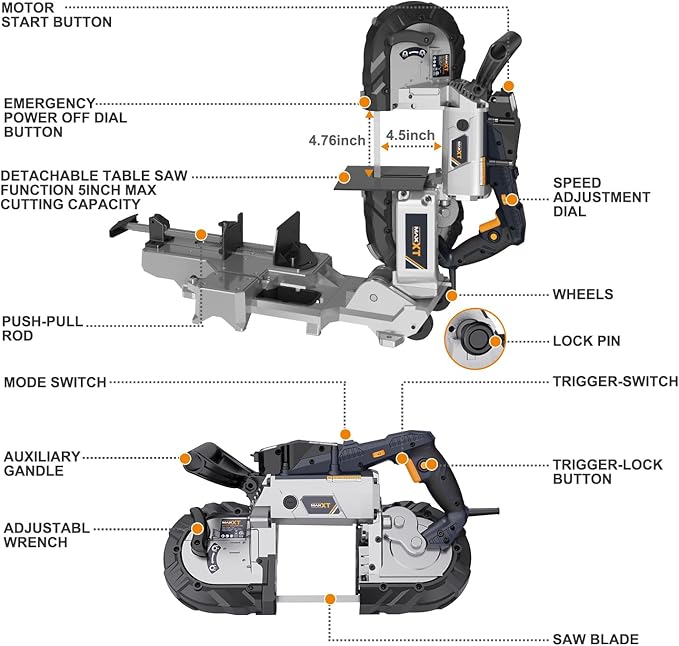 MAXXT Bandsaw with Table Saw, 10 Amp 5 Inch Deep Cut Band Saw with Lightweight Aluminum Base, Variable Speed Handheld Automatic Multipurpose Cut with Wheels Metal Saw, Portable Bandsaws for Metal Wood