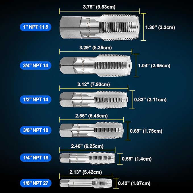 Toolwiz 6Pcs NPT Pipe Tap Set, 1", 3/4", 1/2", 3/8", 1/4", 1/8" Professional Taps Kit, Pipe Thread Cutting Tool with 4-Straight Flute Cutting Design, Alloy Steel NPT Tap Set with Storage Case