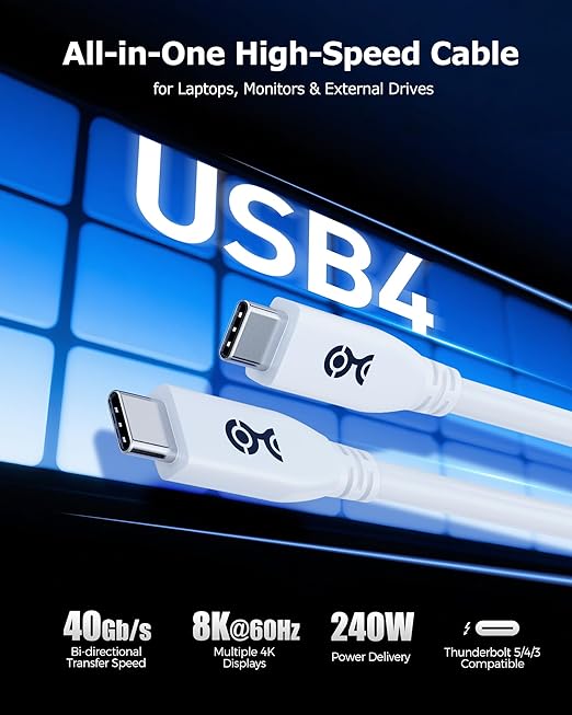 Cable Matters 40Gbps Short USB 4 Cable - 1ft, Supports Up to [8K@60Hz / 4K@240Hz Video, 240W Charging, 40Gbps Data Transfer] USB4 Cable, White, Compatible with Thunderbolt 4, MacBook, XPS, Surface Pro