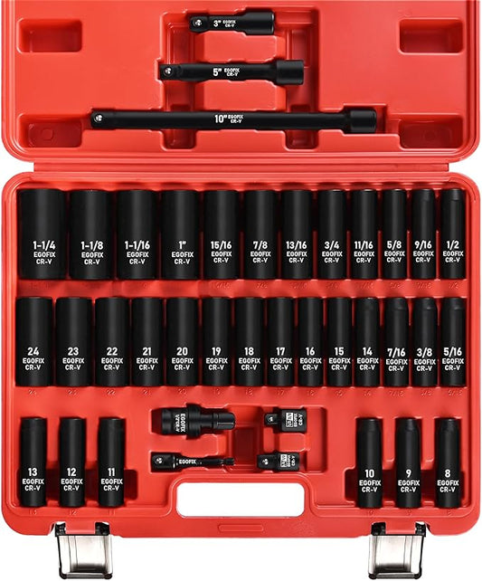 1/2??Drive Impact Deep Socket Set, 39 Pieces Metric(8-24mm)/SAE(5/16 to 1-1/4), CR-V Steel Tool Set with 3?? 5?? 10??Extension Bar, Adapters