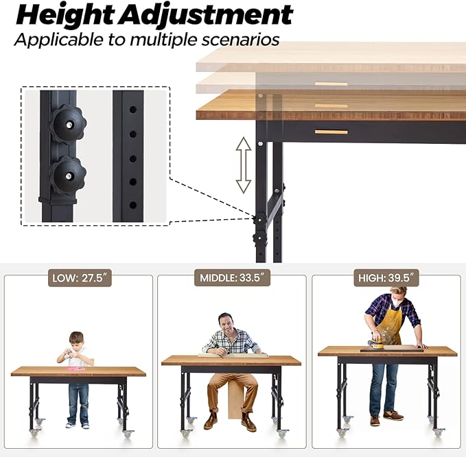 60" Height Adjustable Work Bench Table with Storage, Drawers, Wheels, Power Outlet - Heavy-Duty Garage Work Benches, 2700 LBS Load Capacity Wood Top Workbench for Workshop, Office, Home