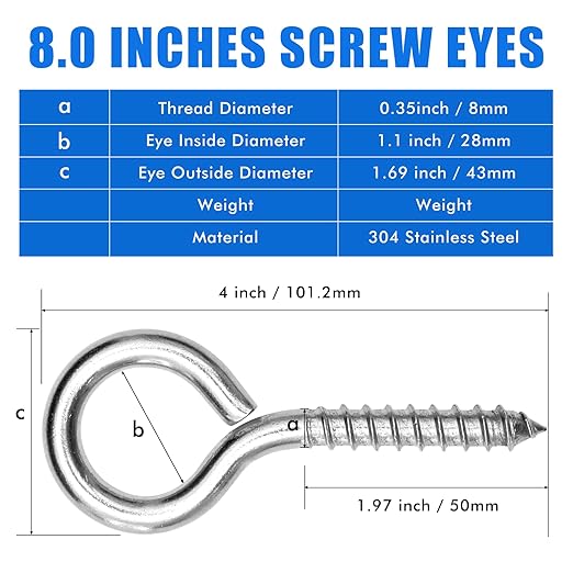 10PCS 4 inches Screw Eyes M8 304 Stainless Steel Eye Screws, Heavy Duty Screw, Eye Hooks Screw Eye Bolts Eye Hooks Screw, Indoor & Outdoor Uses (10, M8-4inch)