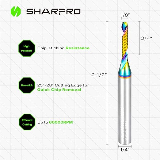 O Flute Upcut Spiral Router Bit 1/4 Inch Shank 1/8" Cutting Dia. 3/4" CL. 2-1/2"OVL. Carbide Single Flute CNC Router Bit, Ideal for Aluminum, Plastic, Acrylic, Wood, MDF and PVC
