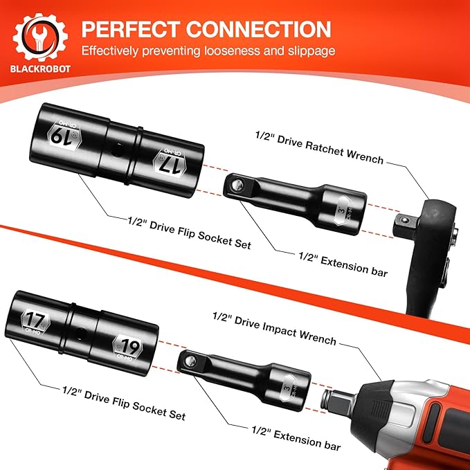 BLACKROBOT 5-Piece 1/2" Drive Lug Nut Impact Socket Set, Include 17mm횞19mm, 21mm횞22mm, 3/4"횞13/16", 7/8"횞15/16" & 3" Extension Bar, Flip Socket Design, Cr-Mo Steel with Electroplated Surface