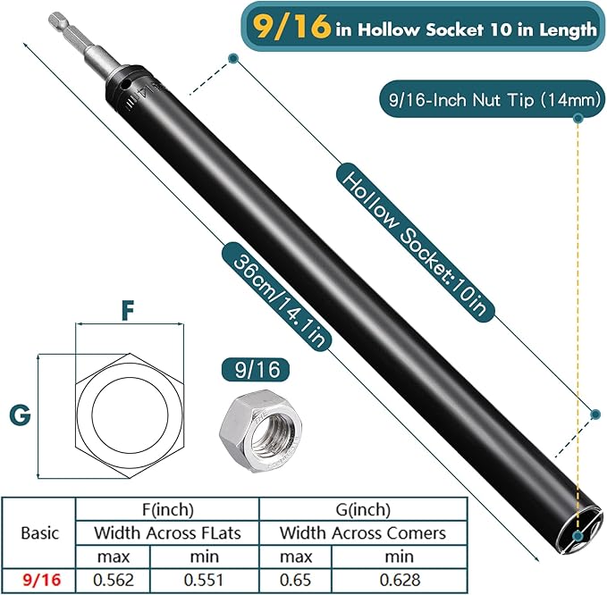 Blulu 9/16"(14mm) Power Nut Driver, Nut Runner Hollow Socket with 1/4" Hex Shank, Fit Long Bolts and Ductwork for Overhead Fastening Applications Operations(1 Pack, 10 Inch)